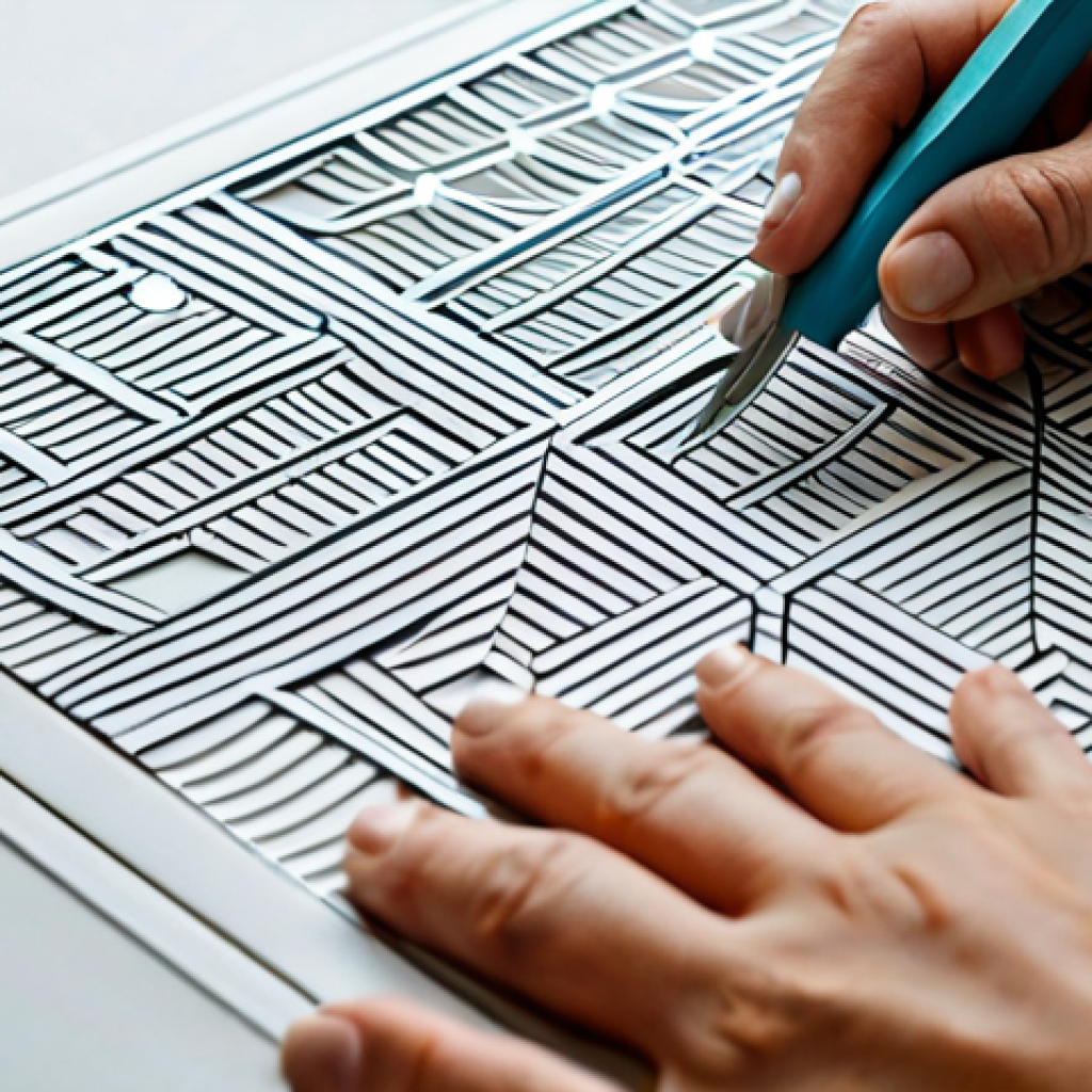 A focused paper artist, fully clothed in professional dress, meticulously using a precision craft knife and metal ruler on a self-healing cutting mat to create intricate kirigami patterns from a sheet of high-quality paper. The scene emphasizes clean lines and delicate details, with a bone folder and scoring stylus visible nearby. The well-lit studio workspace is tidy, reflecting a dedicated artisan's environment. Perfect anatomy, correct proportions, natural pose, well-formed hands, proper finger count, natural body proportions, safe for work, appropriate content, modest clothing, professional.