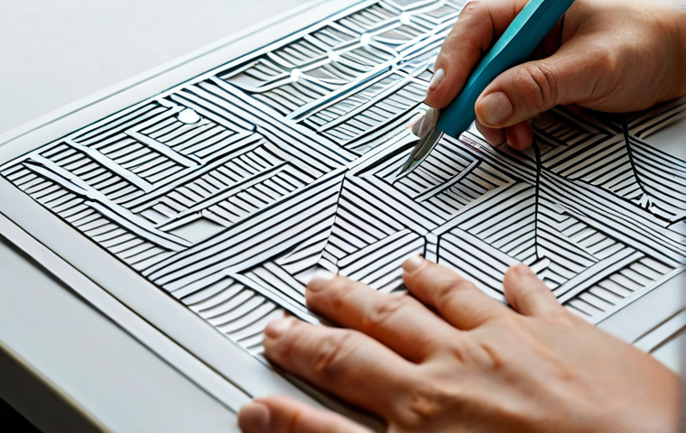 A focused paper artist, fully clothed in professional dress, meticulously using a precision craft knife and metal ruler on a self-healing cutting mat to create intricate kirigami patterns from a sheet of high-quality paper. The scene emphasizes clean lines and delicate details, with a bone folder and scoring stylus visible nearby. The well-lit studio workspace is tidy, reflecting a dedicated artisan's environment. Perfect anatomy, correct proportions, natural pose, well-formed hands, proper finger count, natural body proportions, safe for work, appropriate content, modest clothing, professional.
