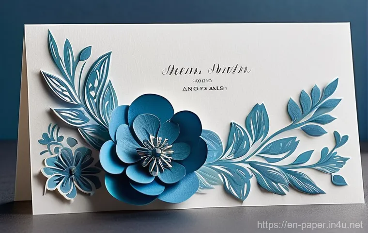 종이 작품을 위한 디자인 팁 - **Prompt:** A meticulously crafted greeting card showcasing a sophisticated monochromatic blue color...