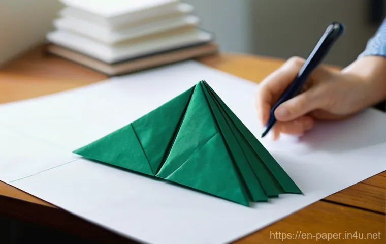 종이공예 워크숍 - **Prompt:** A close-up, high-angle shot focusing on an adult's hands meticulously folding a vibrant ...