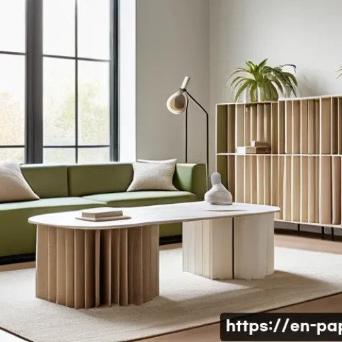 종이로 만드는 가구 - A modern minimalist living room featuring eco-friendly paper furniture with clean lines and natural ...