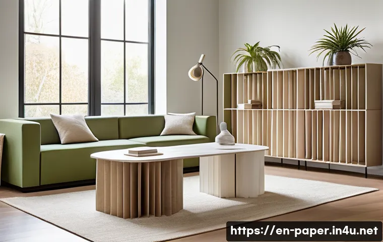 종이로 만드는 가구 - A modern minimalist living room featuring eco-friendly paper furniture with clean lines and natural ...