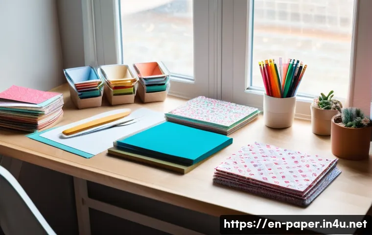 종이공예 초보자 가이드 - A bright and organized craft workspace featuring a clean wooden desk bathed in natural daylight from...