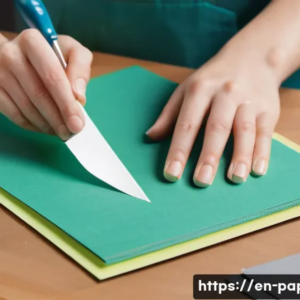 종이공예 프로젝트 - A detailed close-up scene of a paper crafting workspace featuring a variety of textured papers inclu...
