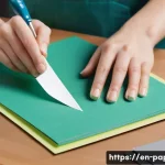 종이공예 프로젝트 - A detailed close-up scene of a paper crafting workspace featuring a variety of textured papers inclu...