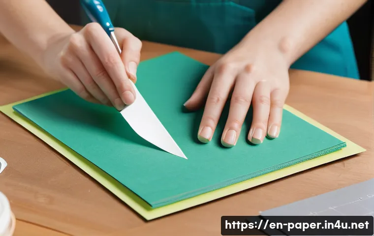 종이공예 프로젝트 - A detailed close-up scene of a paper crafting workspace featuring a variety of textured papers inclu...