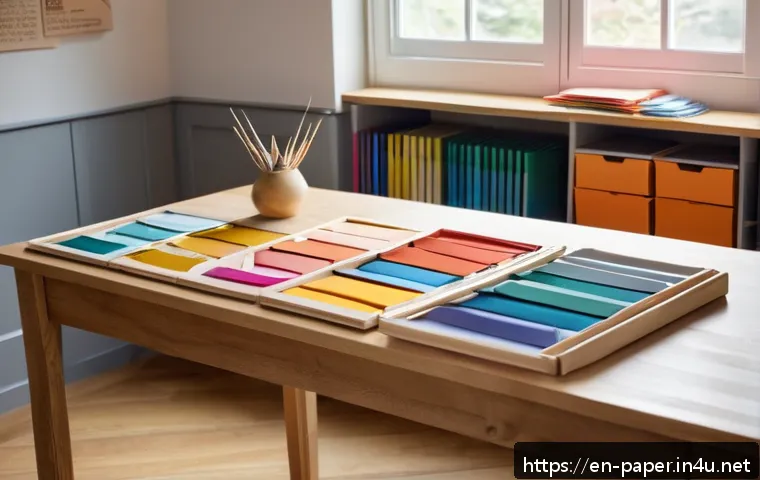 종이공예 관련 유튜브 채널 - A cozy, well-lit craft room featuring a neatly organized workspace with labeled drawers and shelves ...