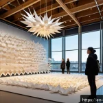 종이 예술의 역사 - A large-scale paper art installation in a modern gallery space, featuring monumental suspended paper...