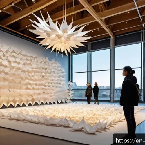종이 예술의 역사 - A large-scale paper art installation in a modern gallery space, featuring monumental suspended paper...