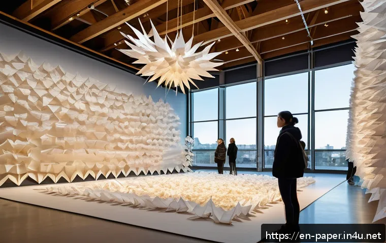 종이 예술의 역사 - A large-scale paper art installation in a modern gallery space, featuring monumental suspended paper...