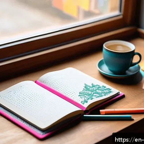 종이 다이어리 만들기 - A cozy journaling scene featuring a hardcover A5 dot grid journal open on a wooden desk with soft na...