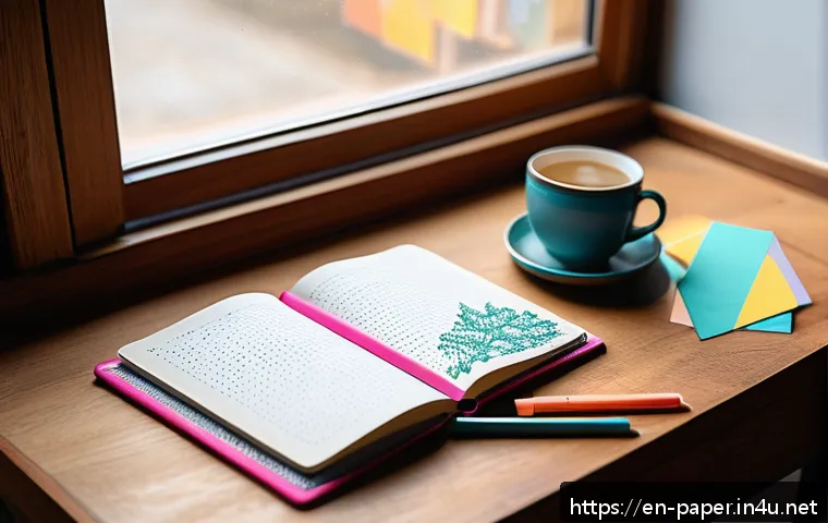 종이 다이어리 만들기 - A cozy journaling scene featuring a hardcover A5 dot grid journal open on a wooden desk with soft na...