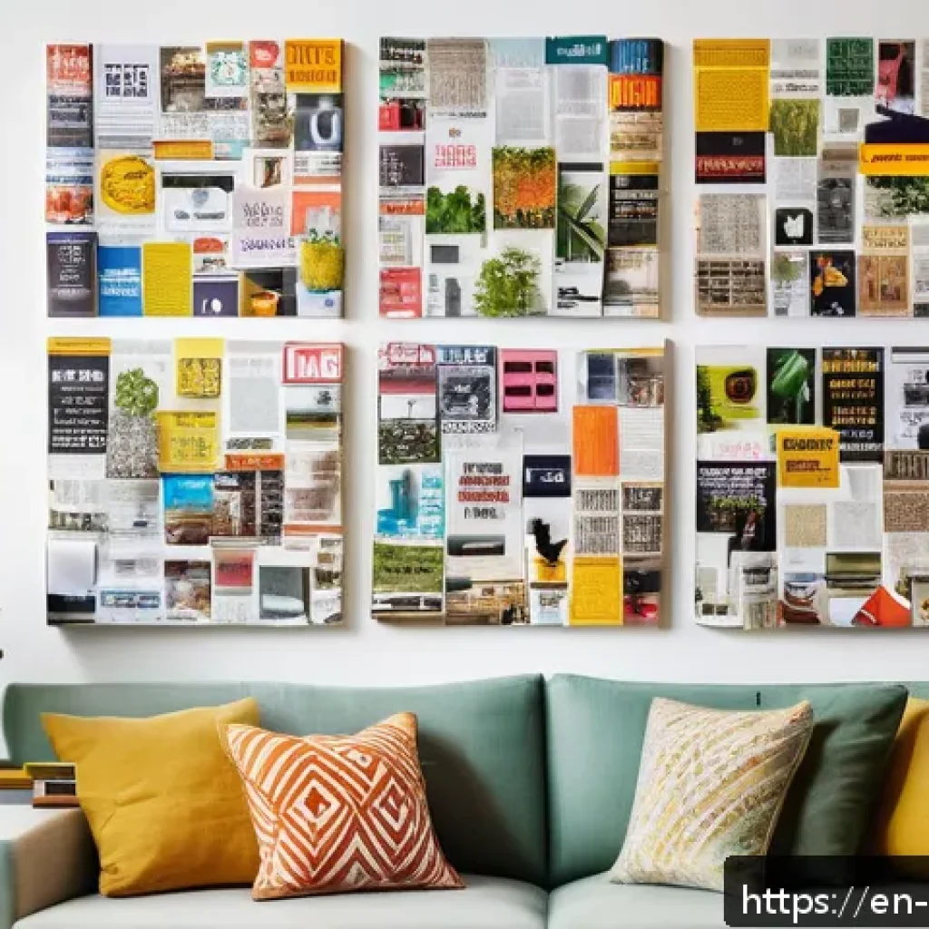 리사이클 종이공예 - A vibrant, colorful wall art collage made from cutouts of old magazines and flyers, arranged creativ...