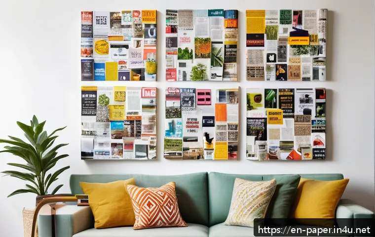 리사이클 종이공예 - A vibrant, colorful wall art collage made from cutouts of old magazines and flyers, arranged creativ...