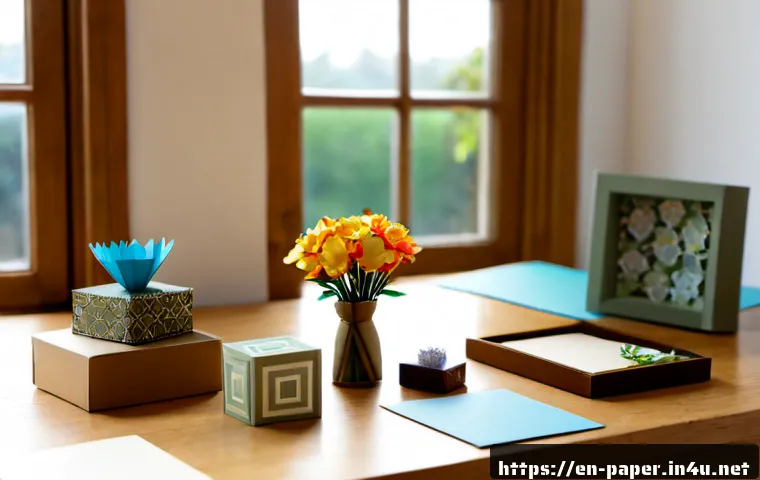 Home 17 종이공예 소품 판매 아이템 - Photorealistic artisan workspace featuring a curated collection of handmade paper craft products for...