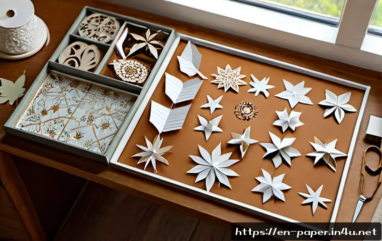 Home 30 종이공예 패턴 디자인 아이디어 - Photorealistic overhead view of a tidy craft desk featuring a small collection of elegant paper craf...