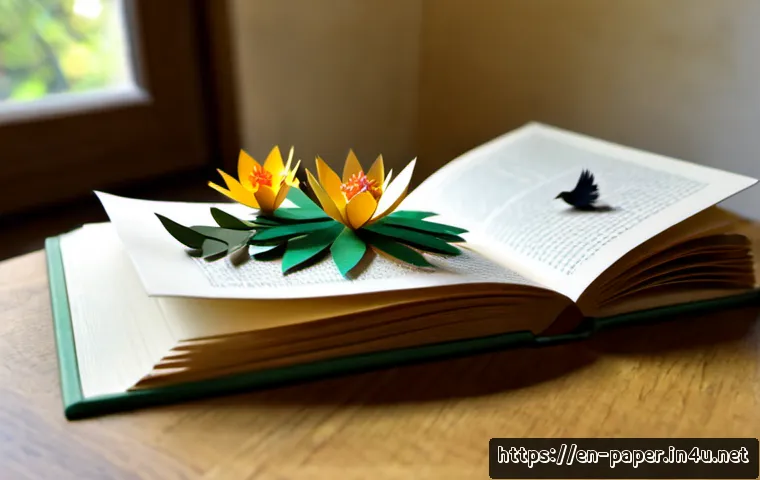 Home 17 종이공예 아트북 - Photorealistic close-up of an open handmade paper-craft art book on a sunlit oak desk, intricate thr...