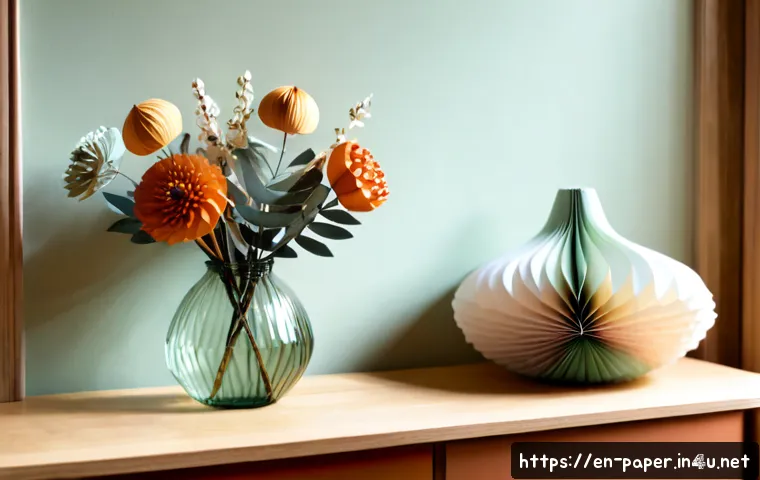 종이로 만든 장식 소품 - Photorealistic handmade paper decoration arrangement on a light oak console table, intricate folded ...