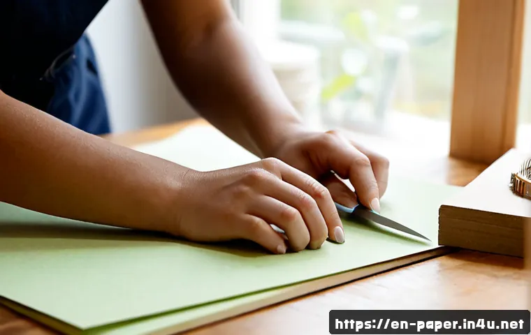 페이퍼 아트 테크닉 - Photorealistic close-up of an artist’s hands carefully cutting layered pastel cardstock with a preci...